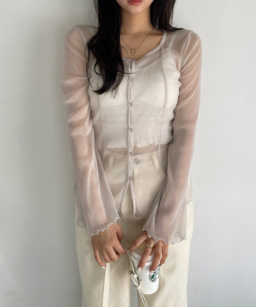 Ada. tシャツ Uネック ベルスリーブ フロントボタン シアー