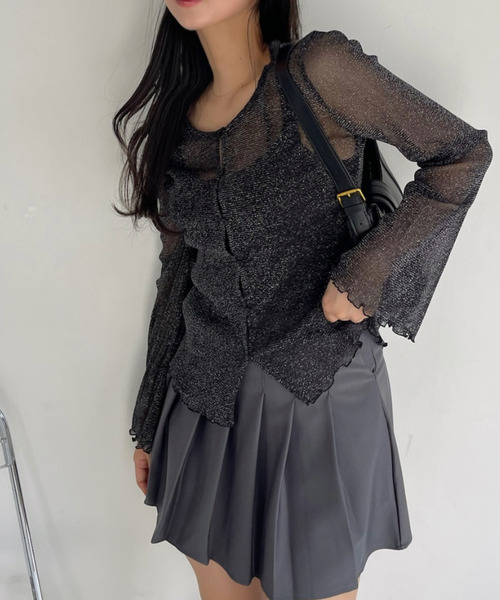 tシャツ ベルスリーブシアーレーストップス レディース Ada. tシャツ Uネック ベルスリーブ フロントボタン シアー