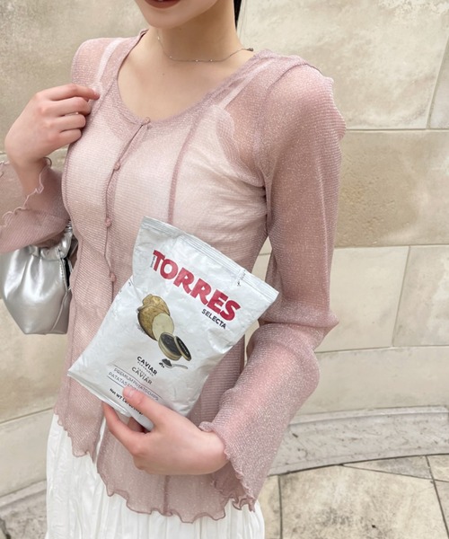 O AUDENINO 売れ筋商品|||アルベルト アウデニーノ Tシャツ トップス レディース Tops Pink Ada. tシャツ Uネック ベルスリーブ フロントボタン シアー
