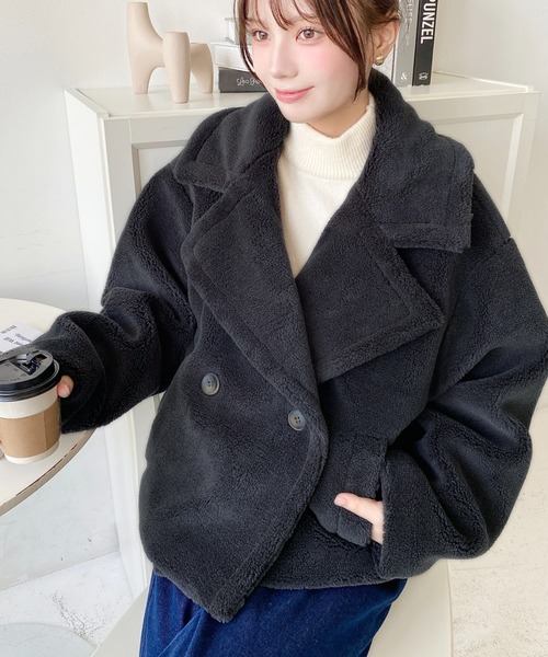 moment+ ピーコート pコート ショート丈テディベアボアPコート