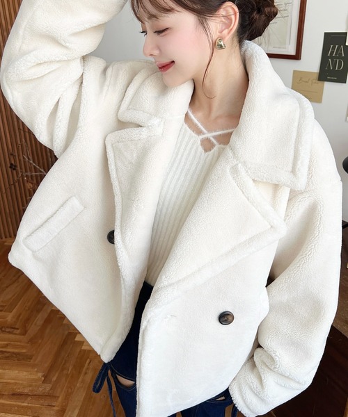美品✨️マカフィー シープパイル ショートPコート ネイビー 金ボタン 女優襟 LENER ショートコート レディース 冬 ショート丈 ダブルボタン