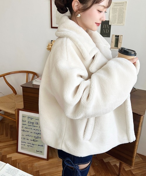 moment+ ピーコート pコート ショート丈テディベアボアPコート