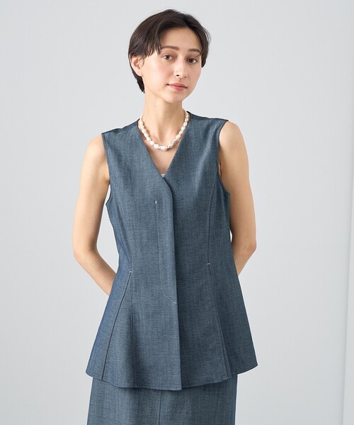 ベスト ジレ 「セットアップ対応商品」シャンブレーペプラムジレ レディース