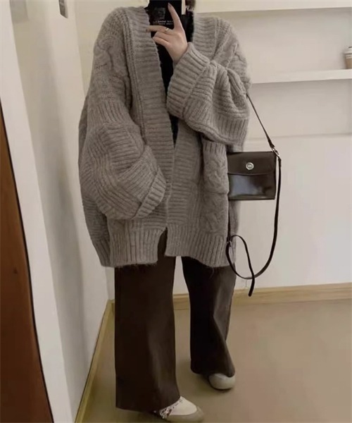 Naptime ニットカーディガン-BLACK Freeサイズ FREE STYLISTS カーディガン ゆったりサイズ 粗めの編地 ケーブル