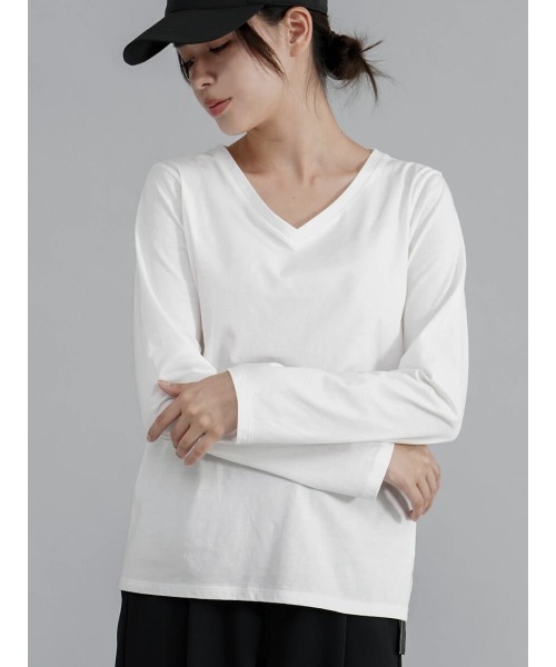 tシャツ 「ストレッチ」ロングスリーブVネックT レディース