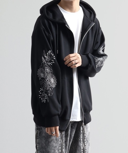 パーカー フラワースリーブ刺繍 エアリーポンチ ジップアップパーカー