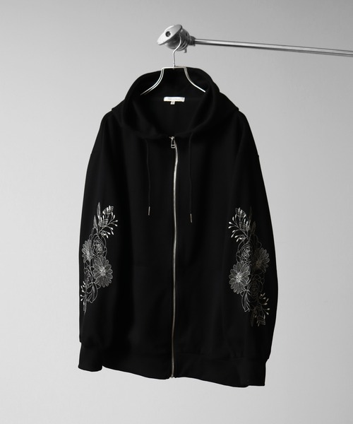 パーカー フラワースリーブ刺繍 エアリーポンチ ジップアップパーカー