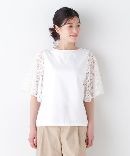 tシャツ 「接触冷感」ラッセルレースドッキングカットソープルオーバー レディースの画像