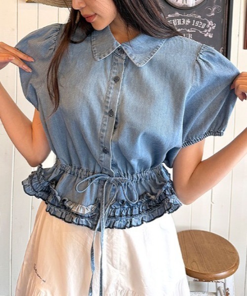 ブラウス シャツ 可愛いパフスリーブデニムトップス レディース