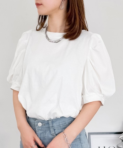 tシャツ 半袖 「二の腕カバー華奢見え 」ラウンドネックパフスリーブ半袖Tシャツ レディース | RCD