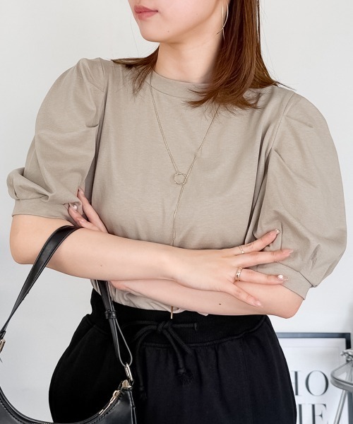 tシャツ 半袖 「二の腕カバー華奢見え 」ラウンドネックパフスリーブ半袖Tシャツ レディース | RCD | 04