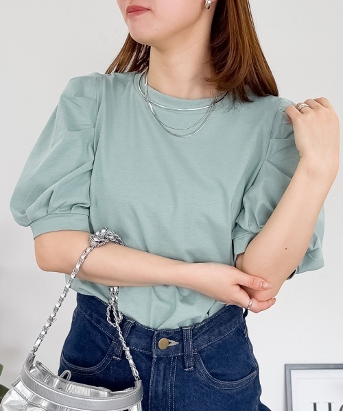 tシャツ 半袖 「二の腕カバー華奢見え 」ラウンドネックパフスリーブ半袖Tシャツ レディース | RCD | 05