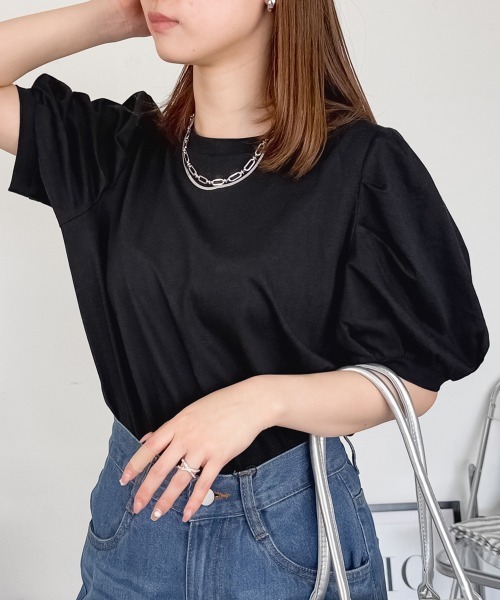 tシャツ 半袖 「二の腕カバー華奢見え 」ラウンドネックパフスリーブ半袖Tシャツ レディース | RCD | 02
