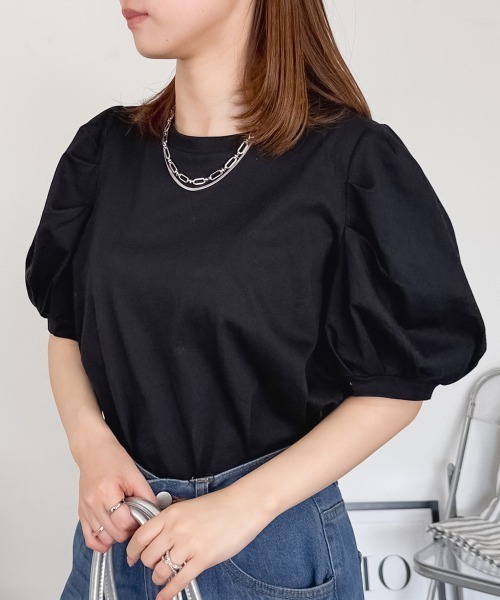 tシャツ 半袖 「二の腕カバー華奢見え 」ラウンドネックパフスリーブ半袖Tシャツ レディース | RCD | 09