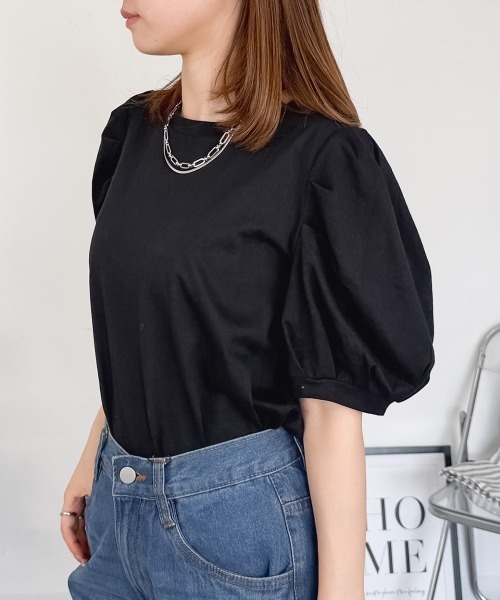 tシャツ 半袖 「二の腕カバー華奢見え 」ラウンドネックパフスリーブ半袖Tシャツ レディース | RCD | 10