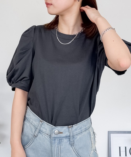 tシャツ 半袖 「二の腕カバー華奢見え 」ラウンドネックパフスリーブ半袖Tシャツ レディース | RCD | 12