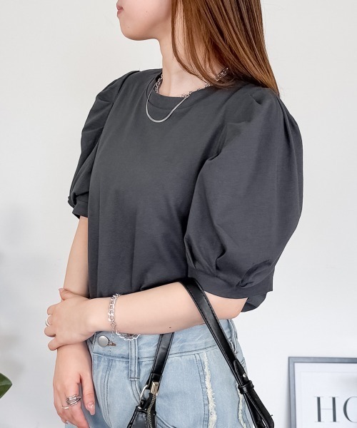 tシャツ 半袖 「二の腕カバー華奢見え 」ラウンドネックパフスリーブ半袖Tシャツ レディース | RCD | 13