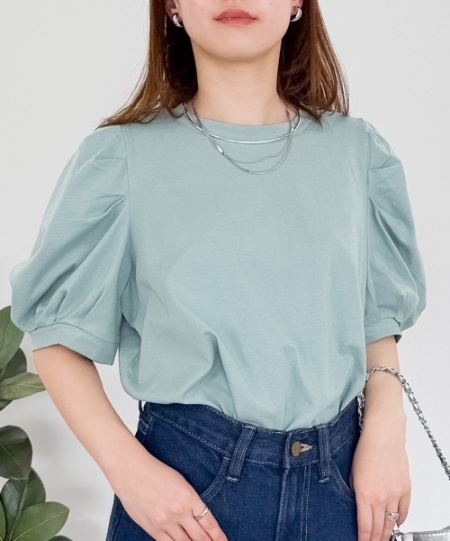 tシャツ 半袖 「二の腕カバー華奢見え 」ラウンドネックパフスリーブ半袖Tシャツ レディース | RCD | 18