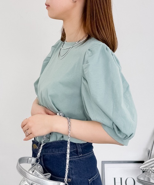tシャツ 半袖 「二の腕カバー華奢見え 」ラウンドネックパフスリーブ半袖Tシャツ レディース | RCD | 19