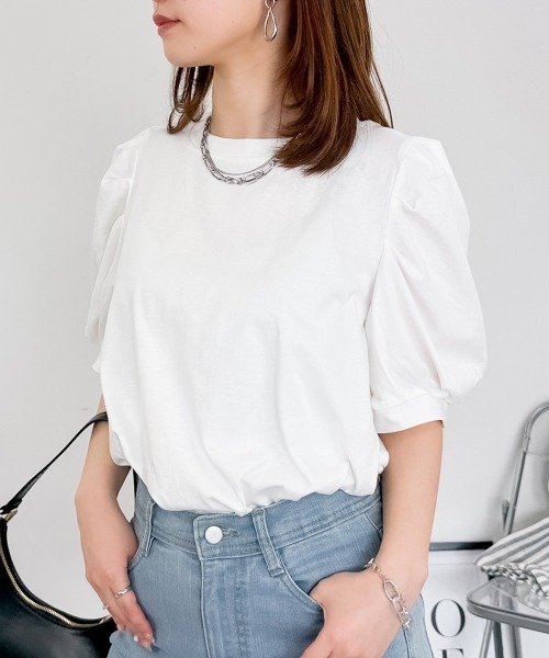 tシャツ 半袖 「二の腕カバー華奢見え 」ラウンドネックパフスリーブ半袖Tシャツ レディース | RCD | 06