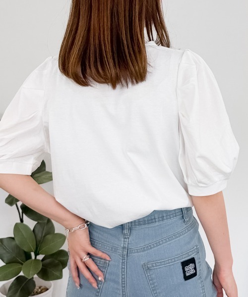 tシャツ 半袖 「二の腕カバー華奢見え 」ラウンドネックパフスリーブ半袖Tシャツ レディース | RCD | 08