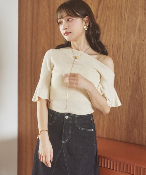 SeaRoomLynn Buttonディティールワンショルダートップス ニット セーター bell sleeve one shoulder tops /ベルスリーブワン