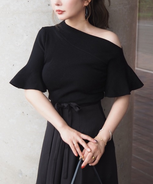 ニット セーター bell sleeve one shoulder tops /ベルスリーブワン
