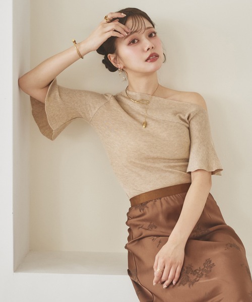 SeaRoomLynn Buttonディティールワンショルダートップス ニット セーター bell sleeve one shoulder tops /ベルスリーブワン