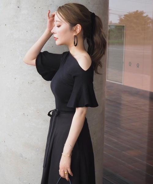 ニット セーター bell sleeve one shoulder tops /ベルスリーブワン