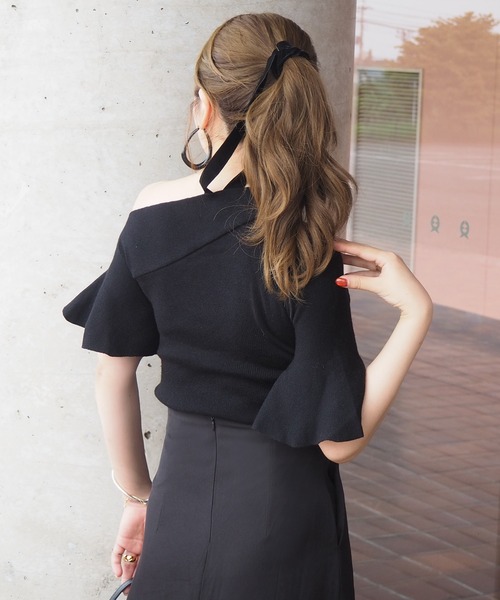 ニット セーター bell sleeve one shoulder tops /ベルスリーブワン