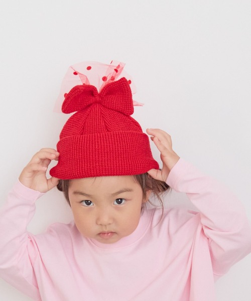 2025FW コムデギャルソンガール フード ニット帽 赤 リボンが可愛い