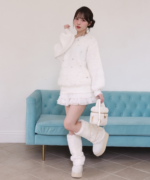 ご購入様決定【美品✧Anne Basket】シャギーニットセーター純白キラキラビジュー伸縮性 one after another NICE CLAUP ニット セーター ビジューシャギー