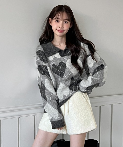 by muni:r ニット セーター ハートアーガイルカラーニット レディース