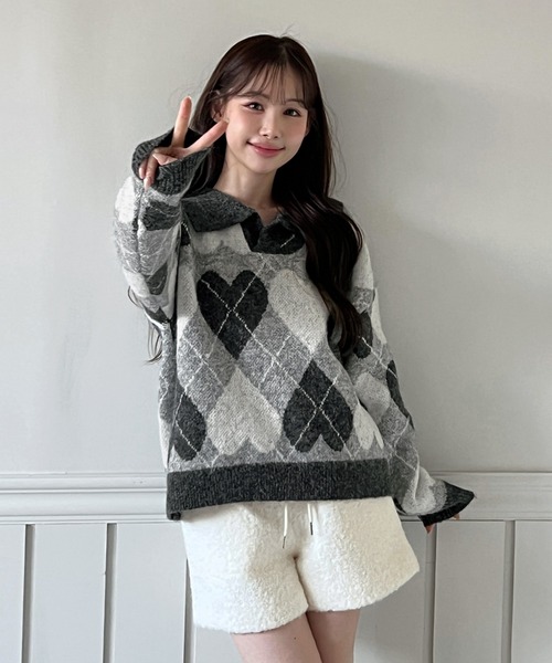 MSGM】アーガイルハートニット（Mサイズ相当）ベージュ 長袖セーター