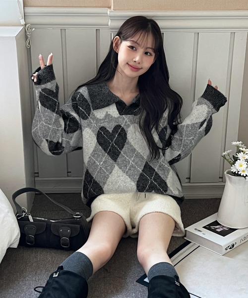 by muni:r ニット セーター ハートアーガイルカラーニット レディース