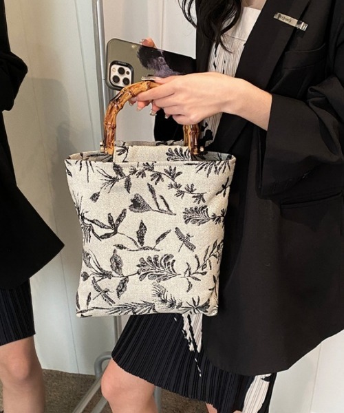 ハンドバッグ リーフ柄 フェイクバンブーハンドル : ZOZOTOWN Yahoo!店