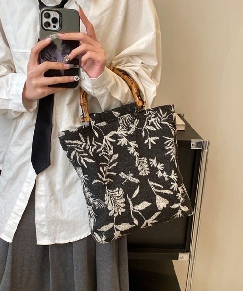 ハンドバッグ リーフ柄 フェイクバンブーハンドル : ZOZOTOWN Yahoo!店