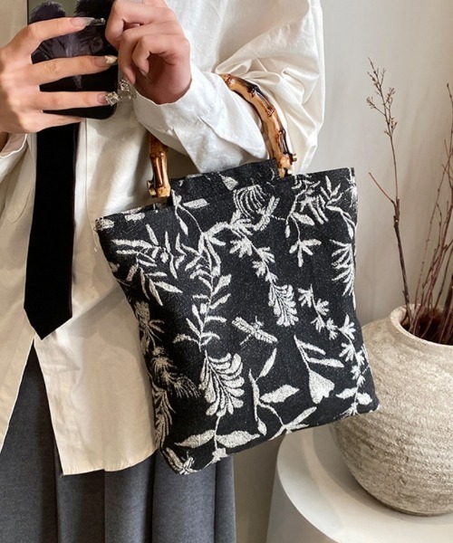 【美品】バンブーハンドル 花柄 トートバッグ ハンドバッグ リーフ柄 フェイクバンブーハンドル : ZOZOTOWN Yahoo!店