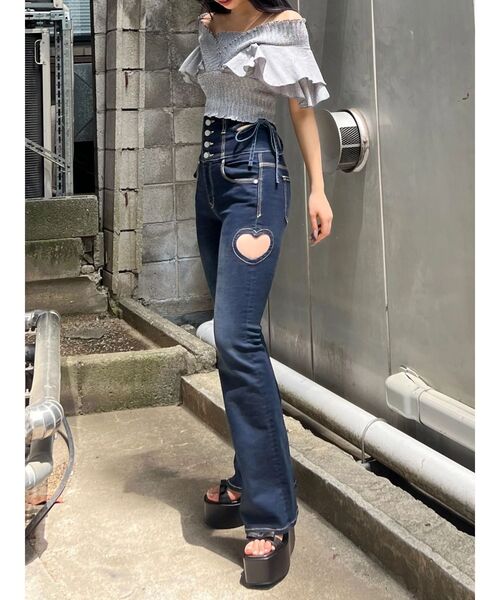 ジーンズ デニム デニムパンツ アートカットワークハイウエストフレアパギンス レディースの画像