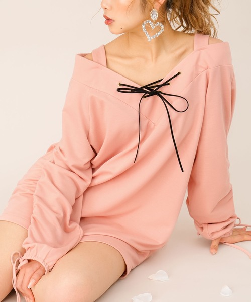Diable baiser tシャツ 袖ドロストオフショルレースアップトップス「M 