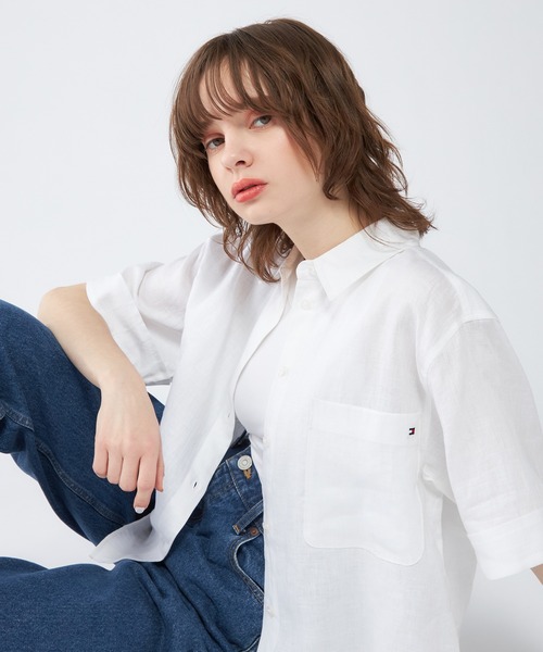 トミーヒルフィガー【CLASSY.掲載アイテム】リネンショートスリーブシャツ TOMMY HILFIGER ブラウス シャツ 「FUDGE掲載」「CLASSY掲載
