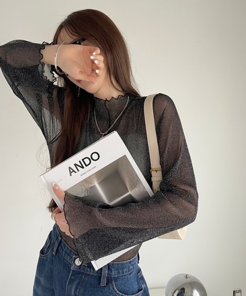 Ada. tシャツ ラメチュール ロングスリーブ ハイネック シアー
