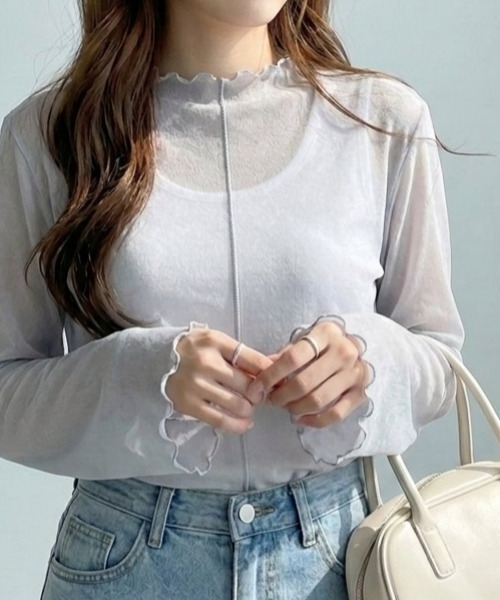Ada. tシャツ ラメチュール ロングスリーブ ハイネック シアートップス