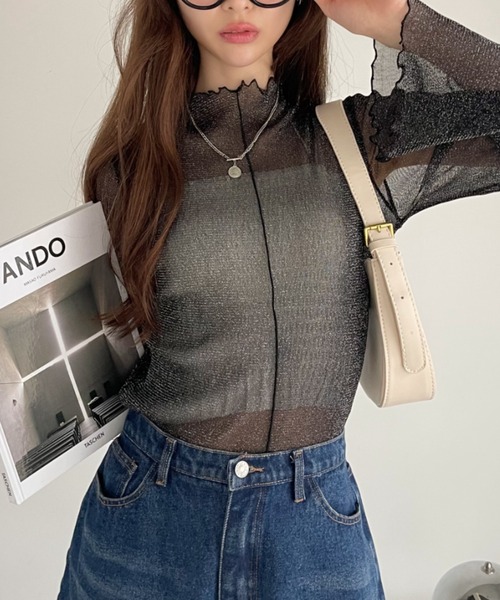 Ada. tシャツ ラメチュール ロングスリーブ ハイネック シアー