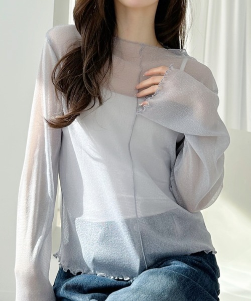 Ada. tシャツ ラメチュール ロングスリーブ ハイネック シアートップス