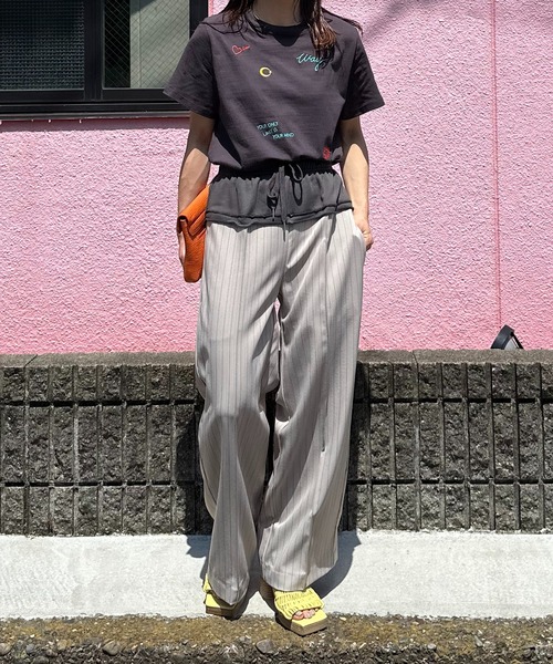 【関税込み】GUIZIO ブルー ストライプ ラウンジパンツ mi via loca パンツ ストライプ ウエストレイヤード ラウンジ