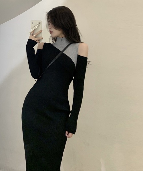 KAREN MILLEN ミニ丈ドレス プリーツ ニットワンピース 長袖 KAREN MILLEN ミニ丈ドレス プリーツ ニットワンピース 長袖