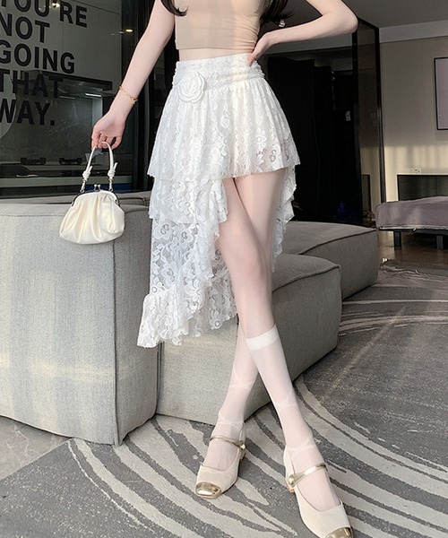 スカート アシンメトリレースフリルスカート レディース : 83633636  