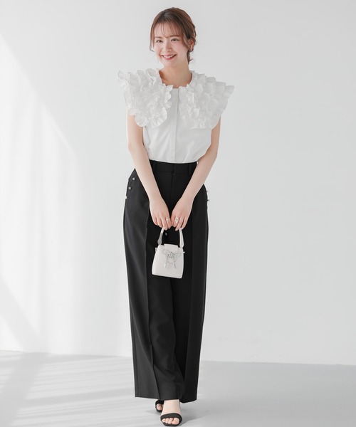ブラウス シャツ フリルカラーノースリーブシャツ レディース Fit more ブラウス シャツ ビッグフリルカラーノースリーブ