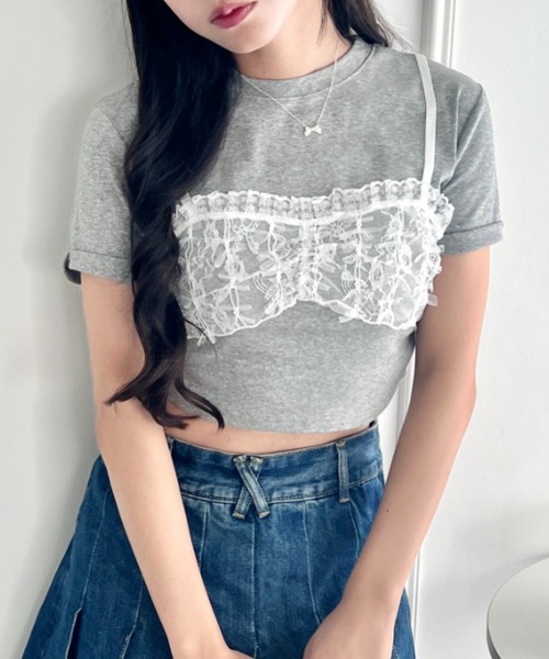 SOLLON.（ソルロン） tシャツ リボンレースビスチェドッキングTシャツ